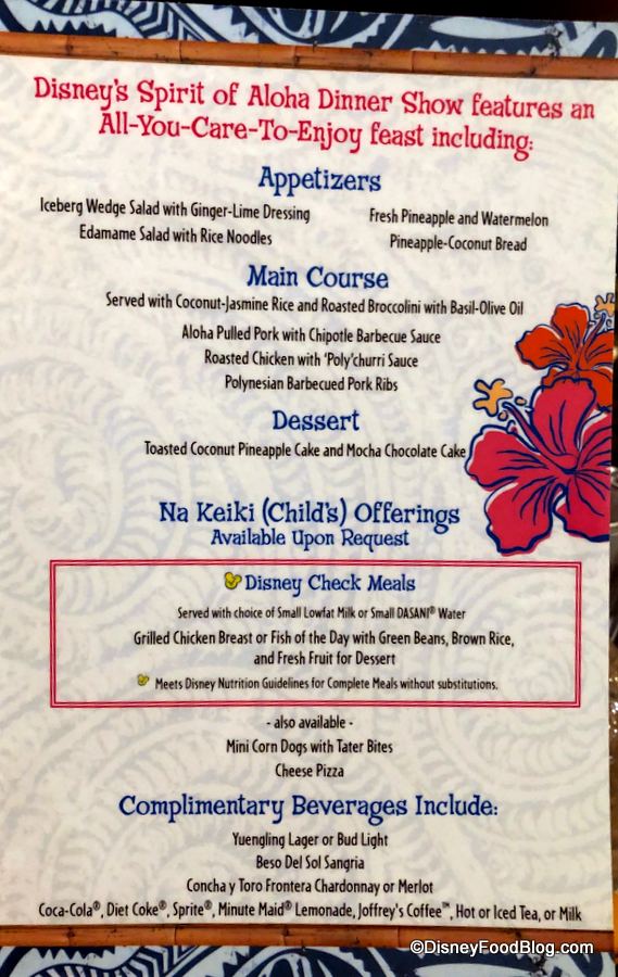 Disney's Spirit of Aloha Dinner Show Menu