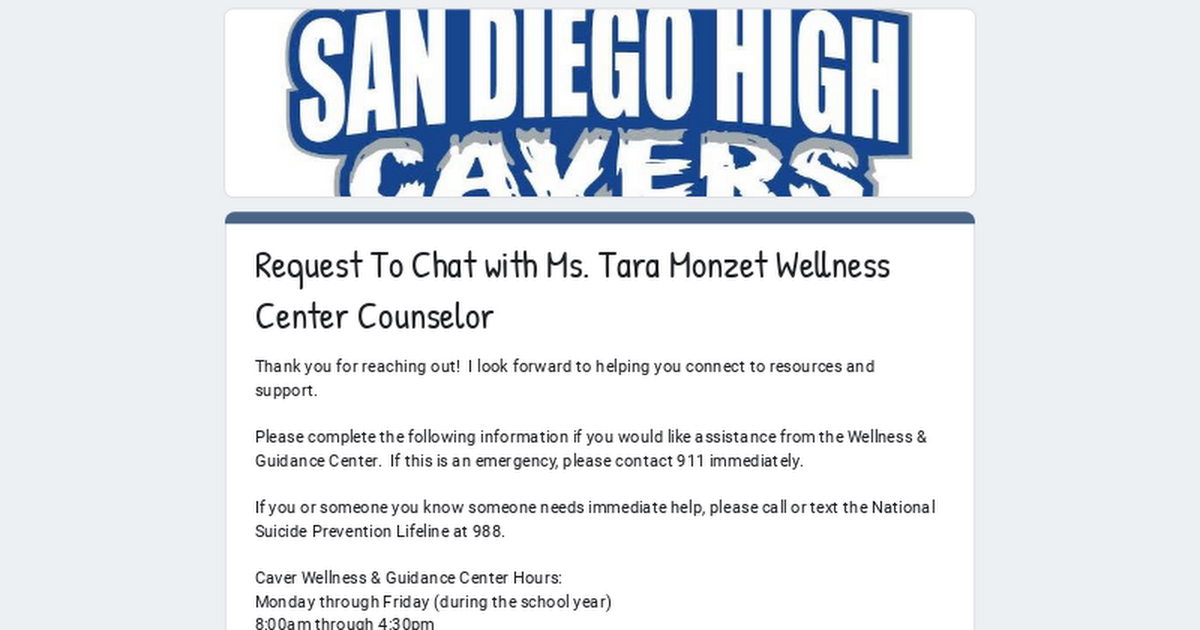Request To Chat with Ms. Tara Monzet Wellness Center Counselor