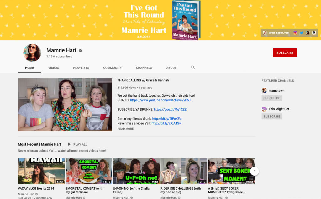 YouTube channel homepage for Mamrie Hart