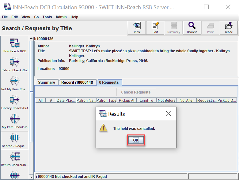 Millennium RSB client Search/Requests title details: cancel request confirmation dialog box