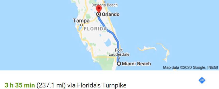 Map of Miami to Orlando route