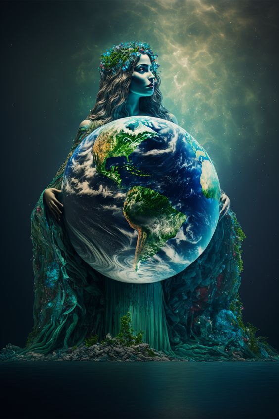 This artwork portrays the deity Gaia cradling the planet Earth in her grasp while garbed in a gown of sea moss that mirrors the blue and green tones of the Earth's surface.