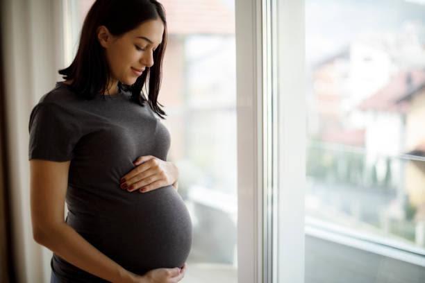 Portrait of young happy pregnant woman standing by the window  PREGNANT stock pictures, royalty-free photos & images