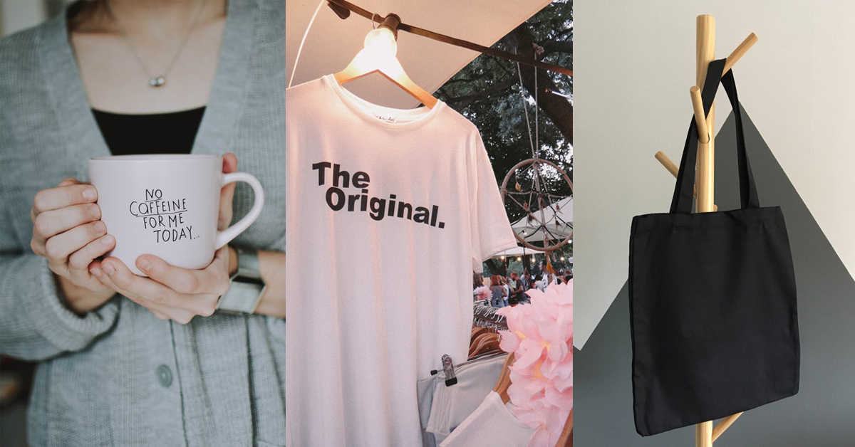 Collage of a woman holding a coffee mug, white t-shirt, and black tote bag.