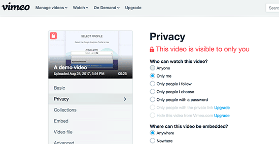 Privacidade de vídeo do Vimeo
