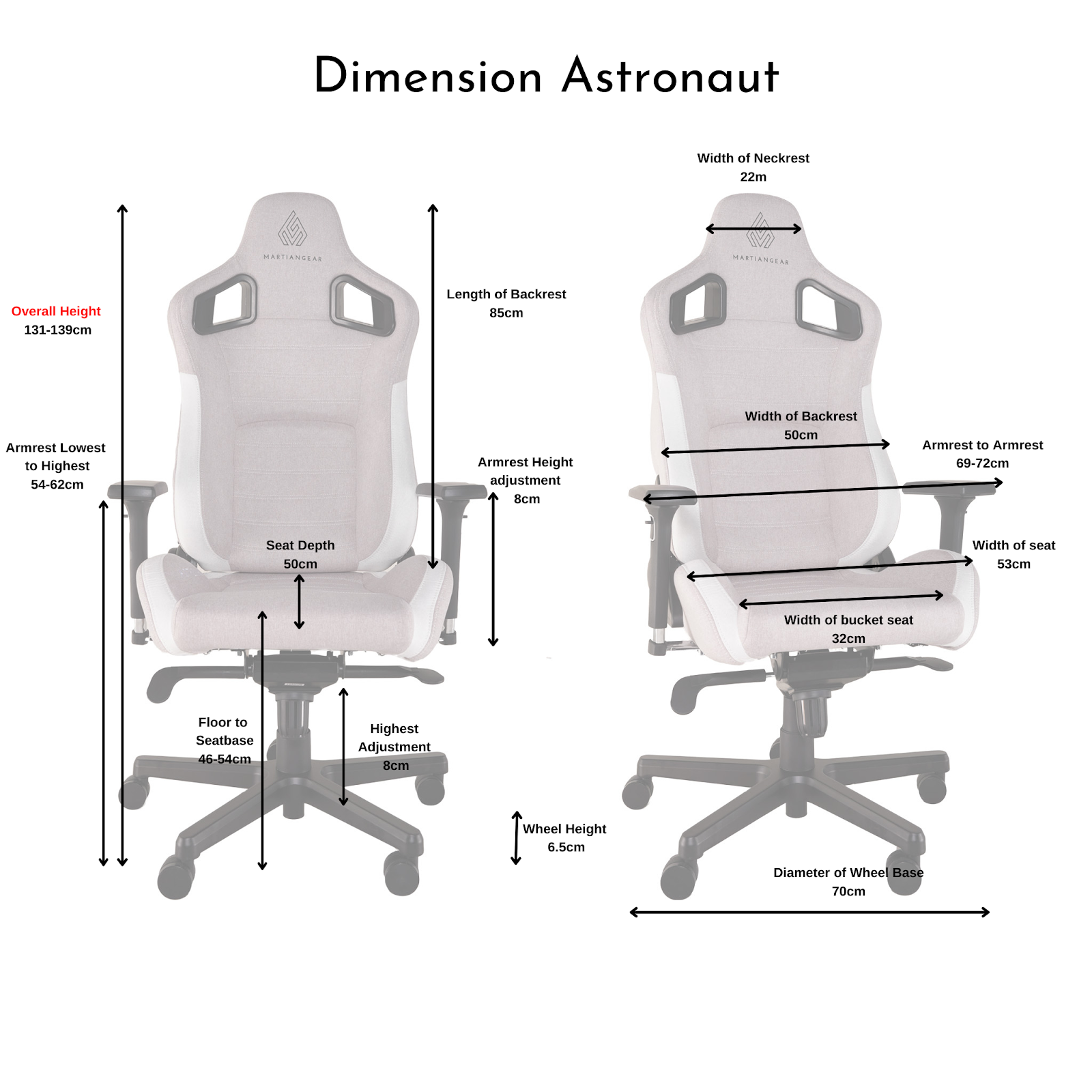 Martiangear Astronaut series Gaming Chair Dimensions