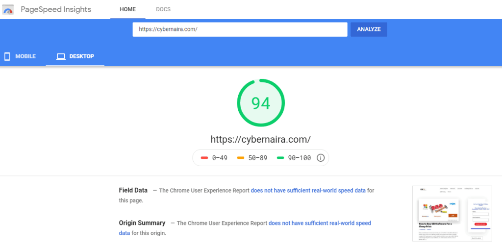 Google page speed insight report for cybernaira