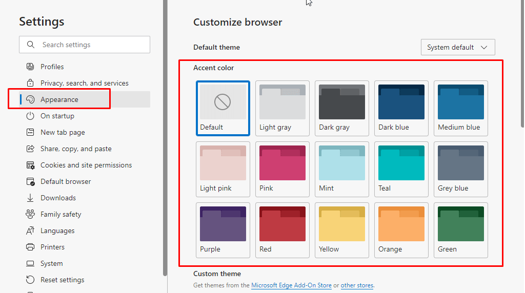 Enable Accent Color Theme in Microsoft Edge using Appearance Settings