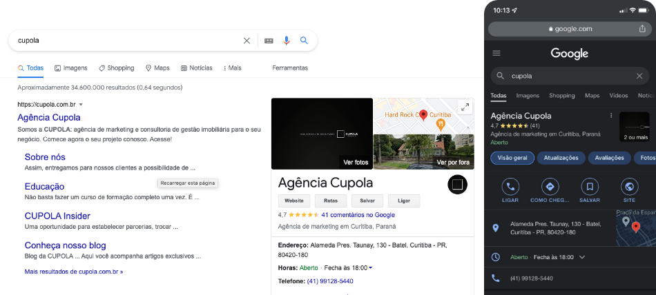 Exemplo de apresentação do perfil do Google Meu Negócio nos resultados de busca do Google