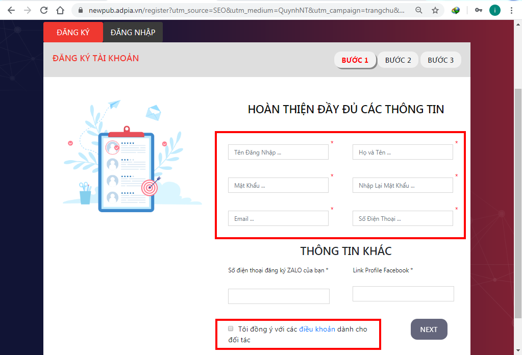 Điền đầy đủ thông tin đăng ký tài khoản ADPIA