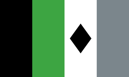 4 vertical stripes going black, green, white, then gray from left to right. On the white stripe there is a black diamond. 