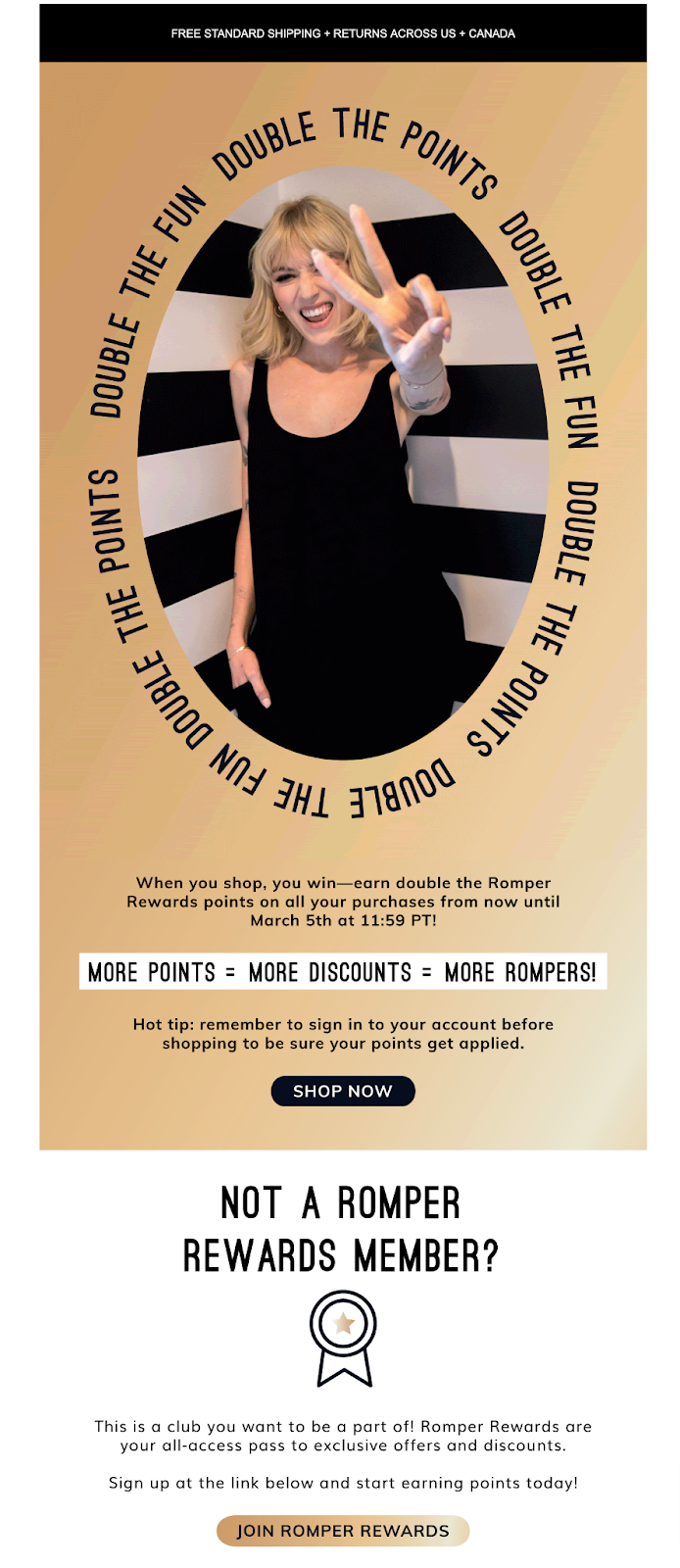 Best Loyalty Program Email Examples–A screenshot of Smash and Tess' double points campaign. The email has a photo of a woman wearing a Smash and Tess romper holding up the number two with a circle border of text reading, "Double the fun, double the points" around it. 