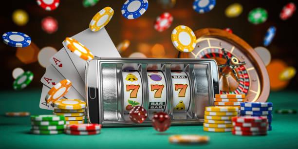 Online casino. Smartphone or mobile phone, slot machine, dice, cards and roulette on a green table in casino. 3d Online casino. Smartphone or mobile phone, slot machine, dice, cards and roulette on a green table in casino. 3d illustration casino stock pictures, royalty-free photos & images