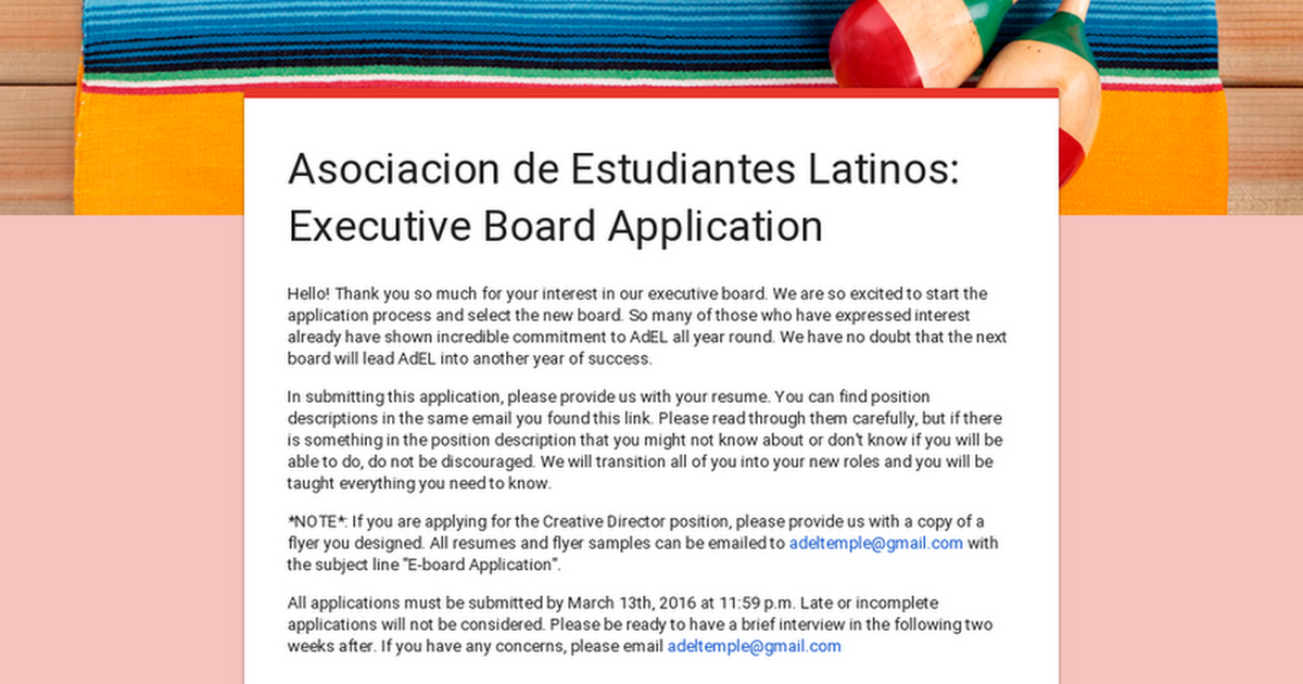 Asociacion de Estudiantes Latinos Executive Board Application