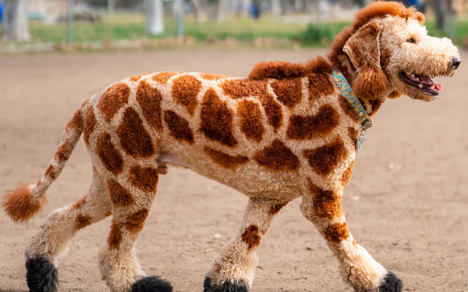 Dogs creative grooming: A Bernadoodle groomed to be like Giraffe-themesd makeover