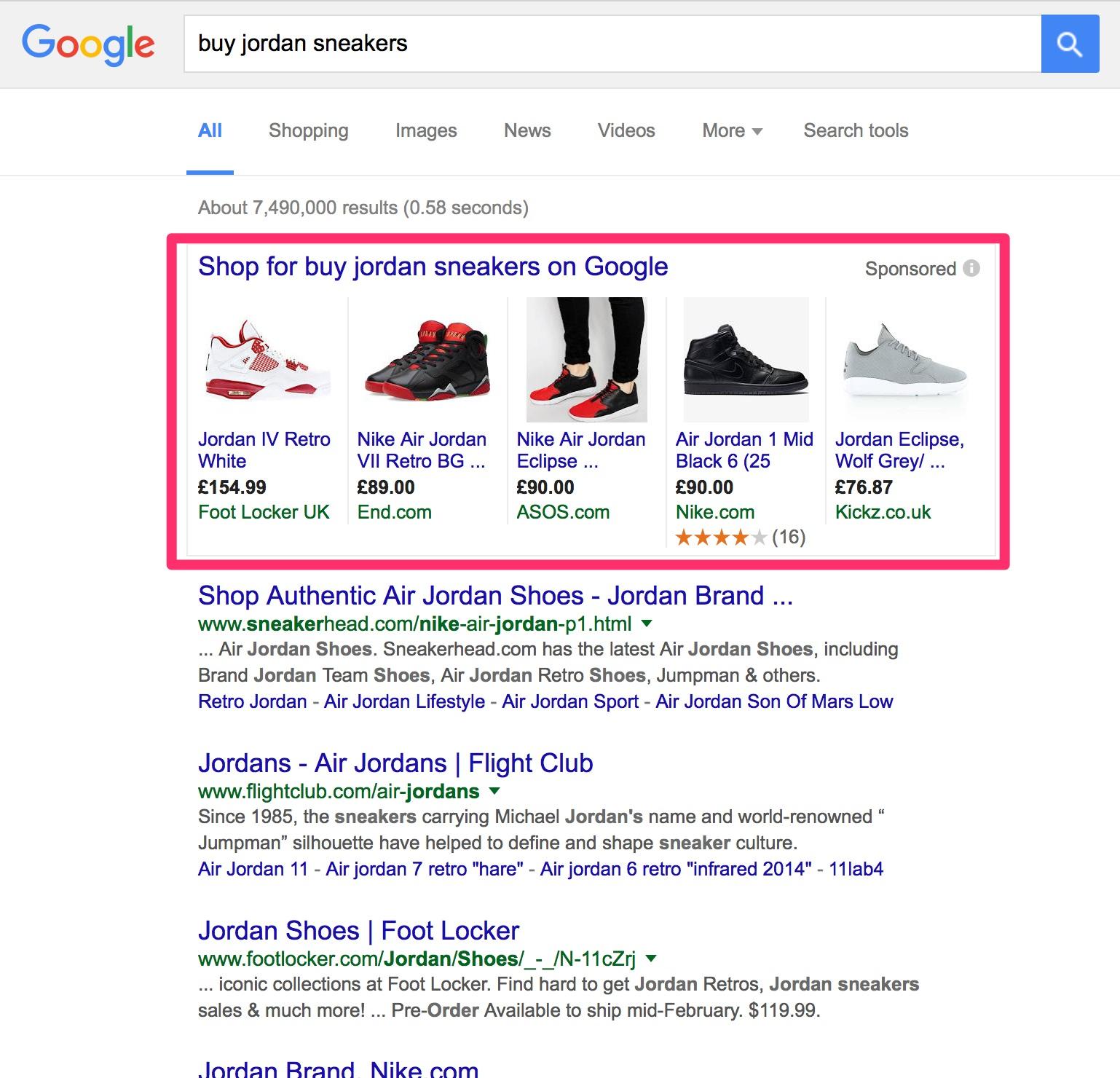 Screenshot of Google shopping ad appearing at the top of a SERP.