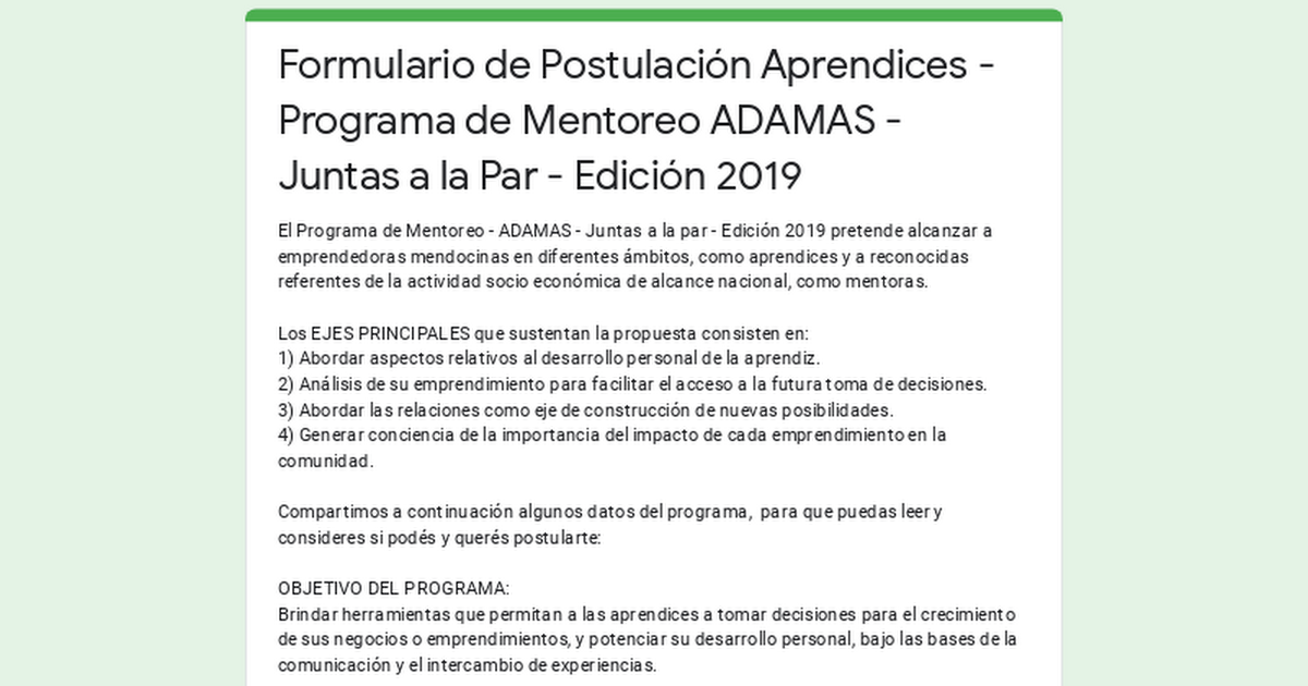 Formulario De Postulaci N Aprendices Programa De Mentoreo Adamas