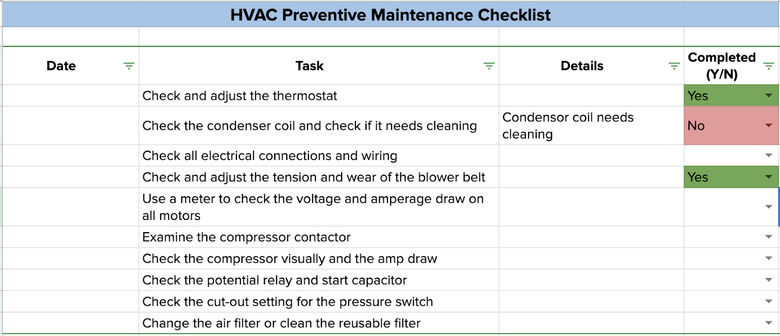 HVAC preventive maintenance checklist sample template