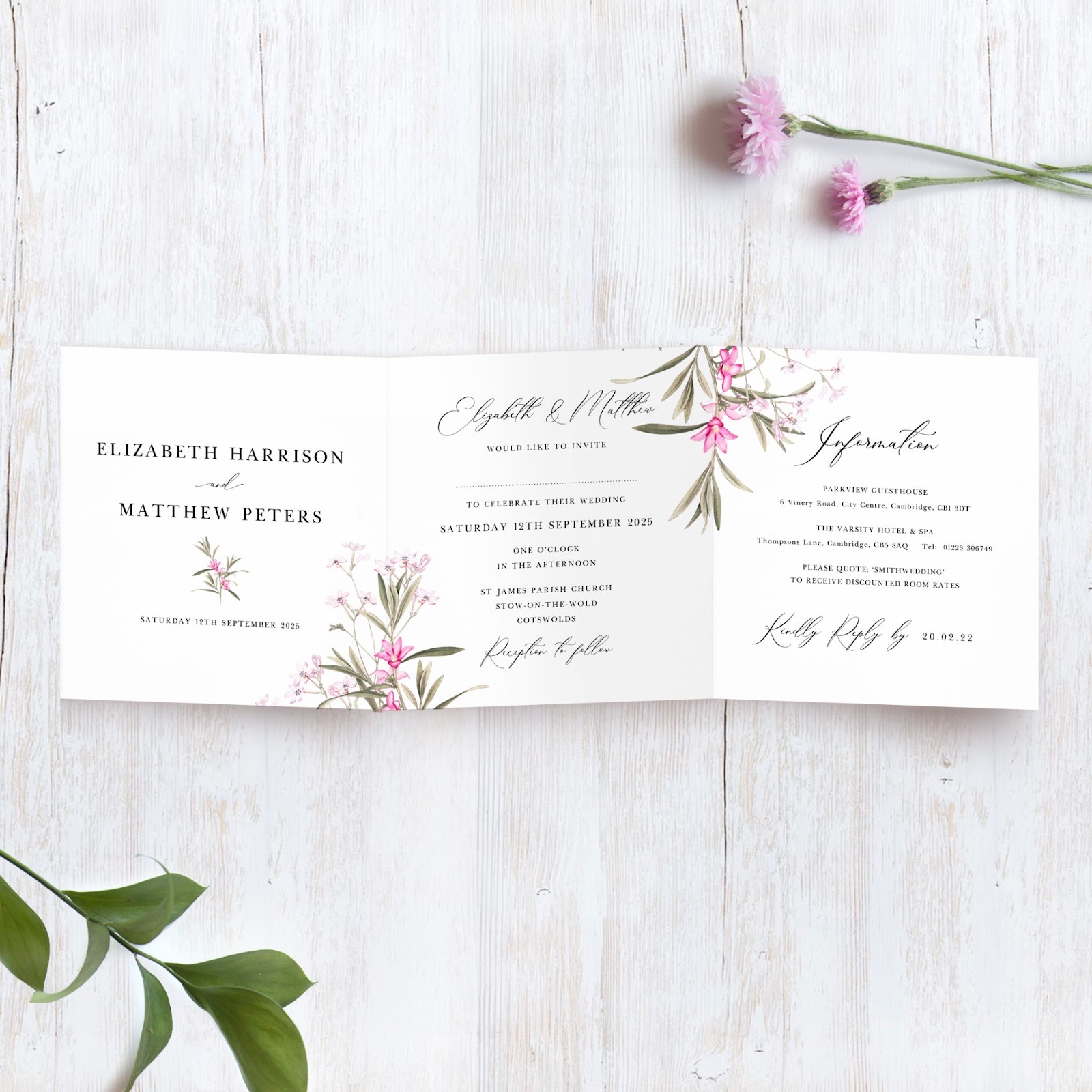 'Pink Botanical' Tri Fold Wedding Invitation