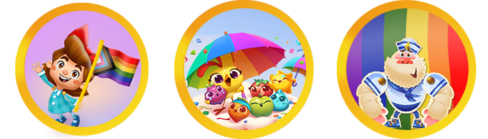 Three avatars: Kimmy flying the Progress Flag, the Farm Heroes Saga characters under a rainbow umbrella, and Yeti in a navy costume looking  fresh