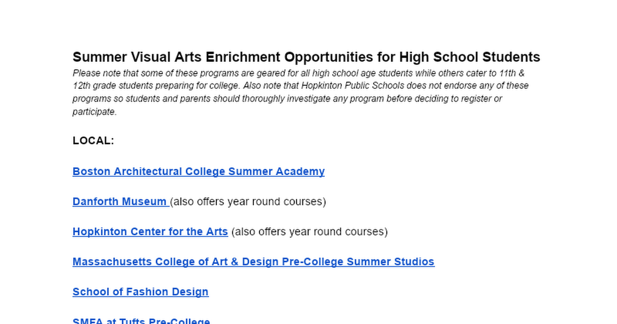 Summer Visual Arts Enrichment Opportunities for High School Students