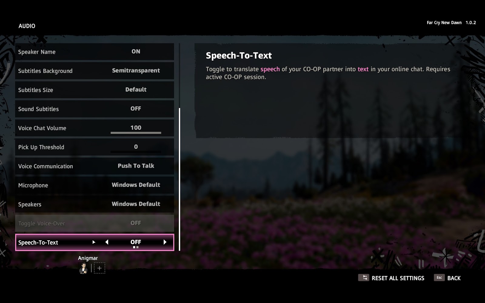 Audio menu with subtitles options, voice chat and speech to text function
