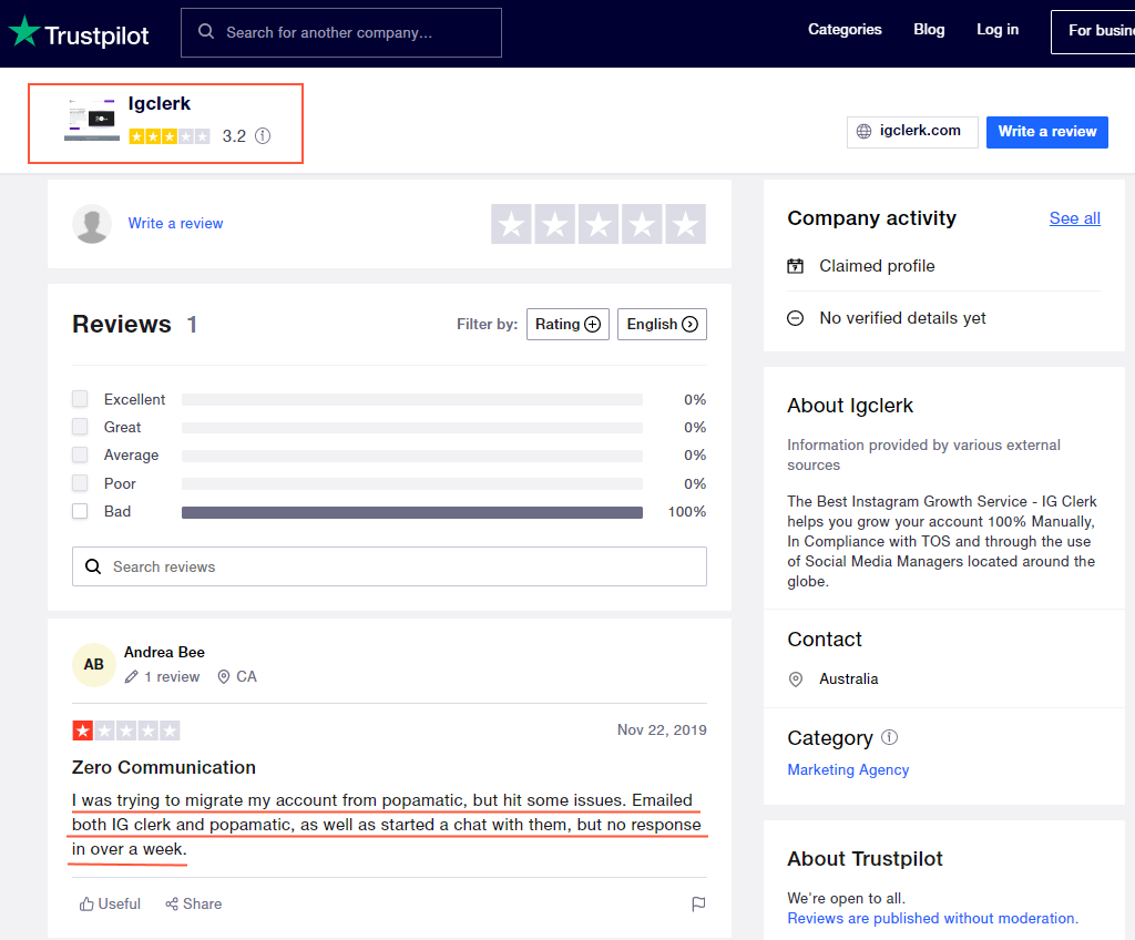 The IGClerk Ranking on Trustpilot 