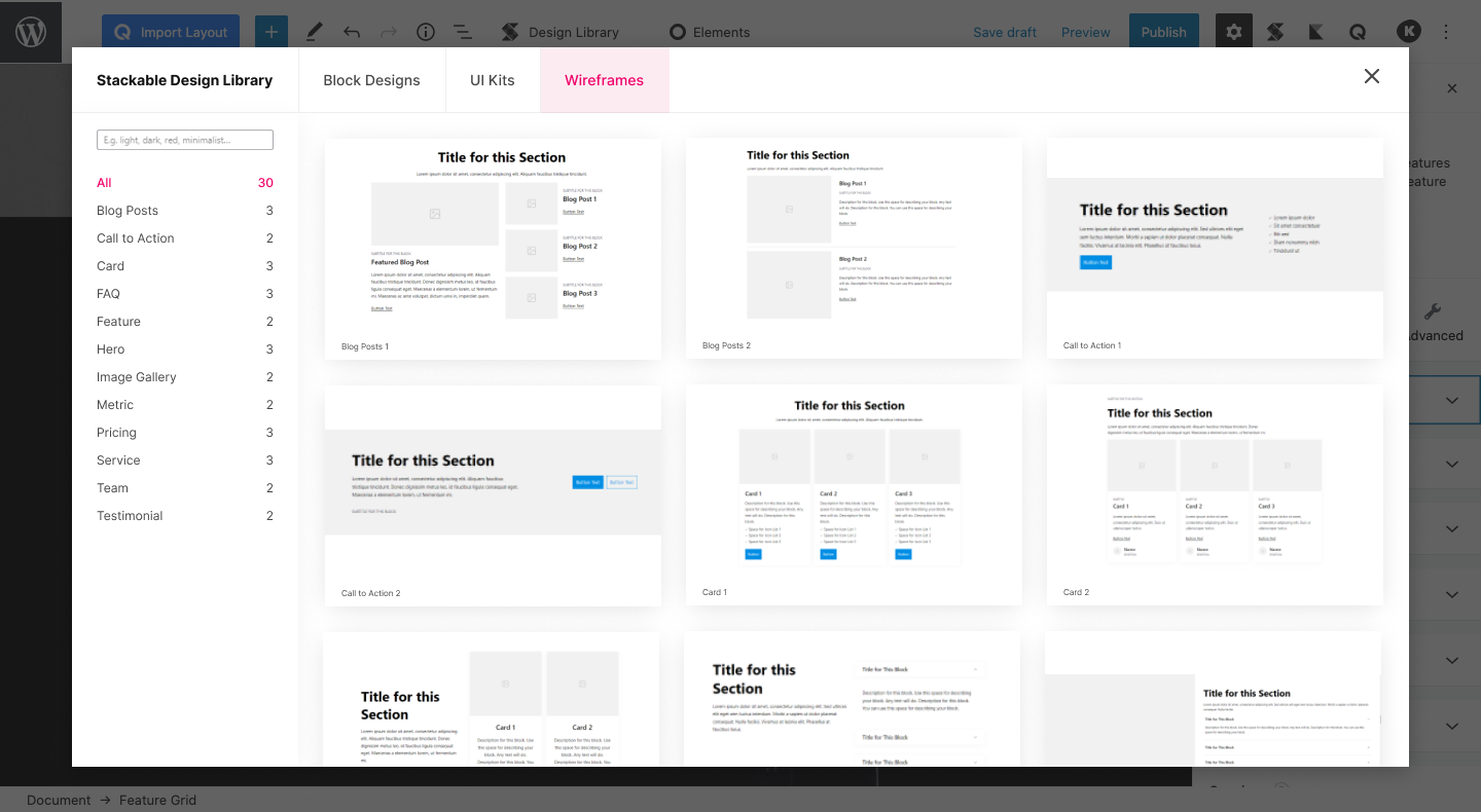 Wireframes in Stackable's Design Library