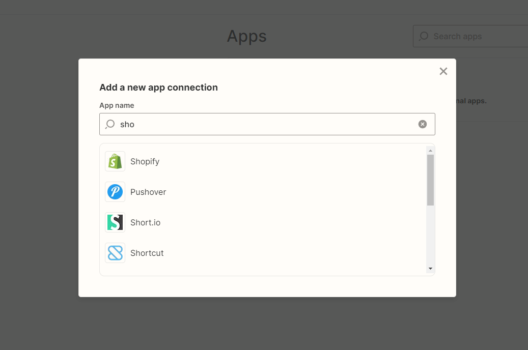 Search for a new app conection