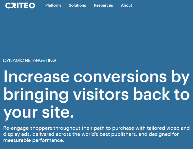 Screenshot of Criteo, an AI retargeting vendor that identifies past visitors and markets to them again.