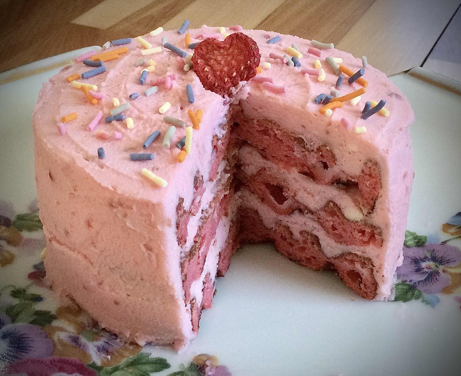 Inside of Strawberry Mousse Chaffle Cake