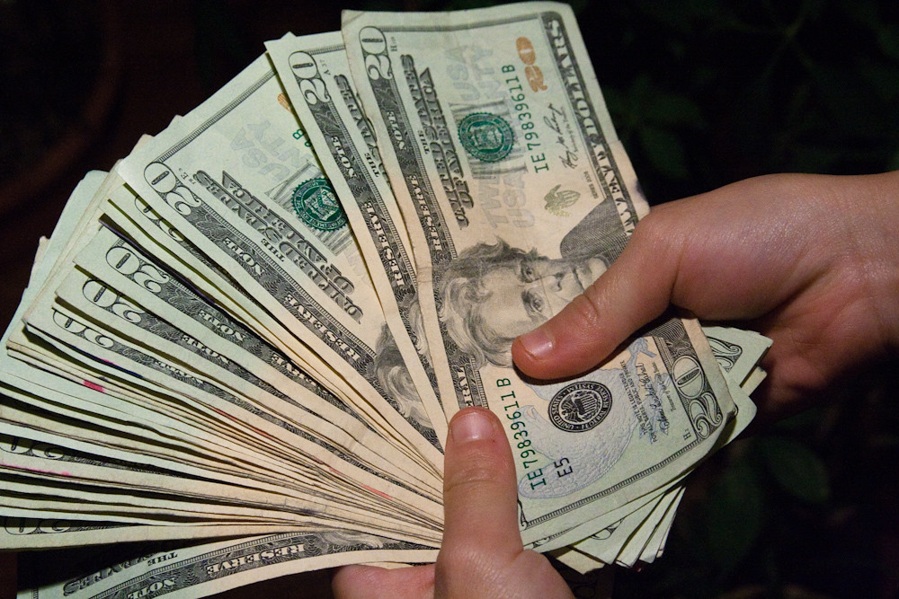 a person holding a couple of 20-dollar notes