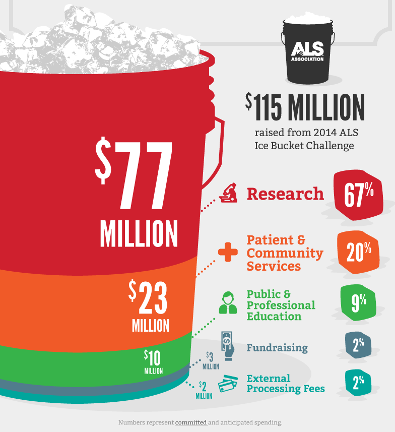 An infographic that shows how the $115 million raised by the ice bucket challenge was spent. 