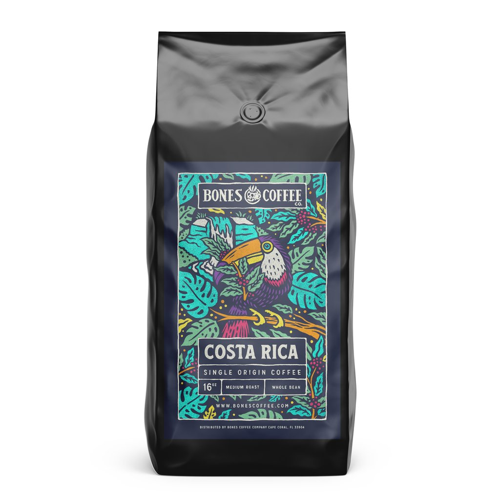 A 12 ounce bag of coffee from Costa Rica.