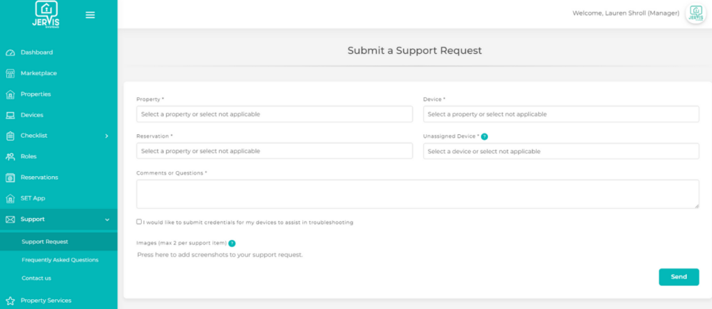 screenshot of the Support Request page in Jervis