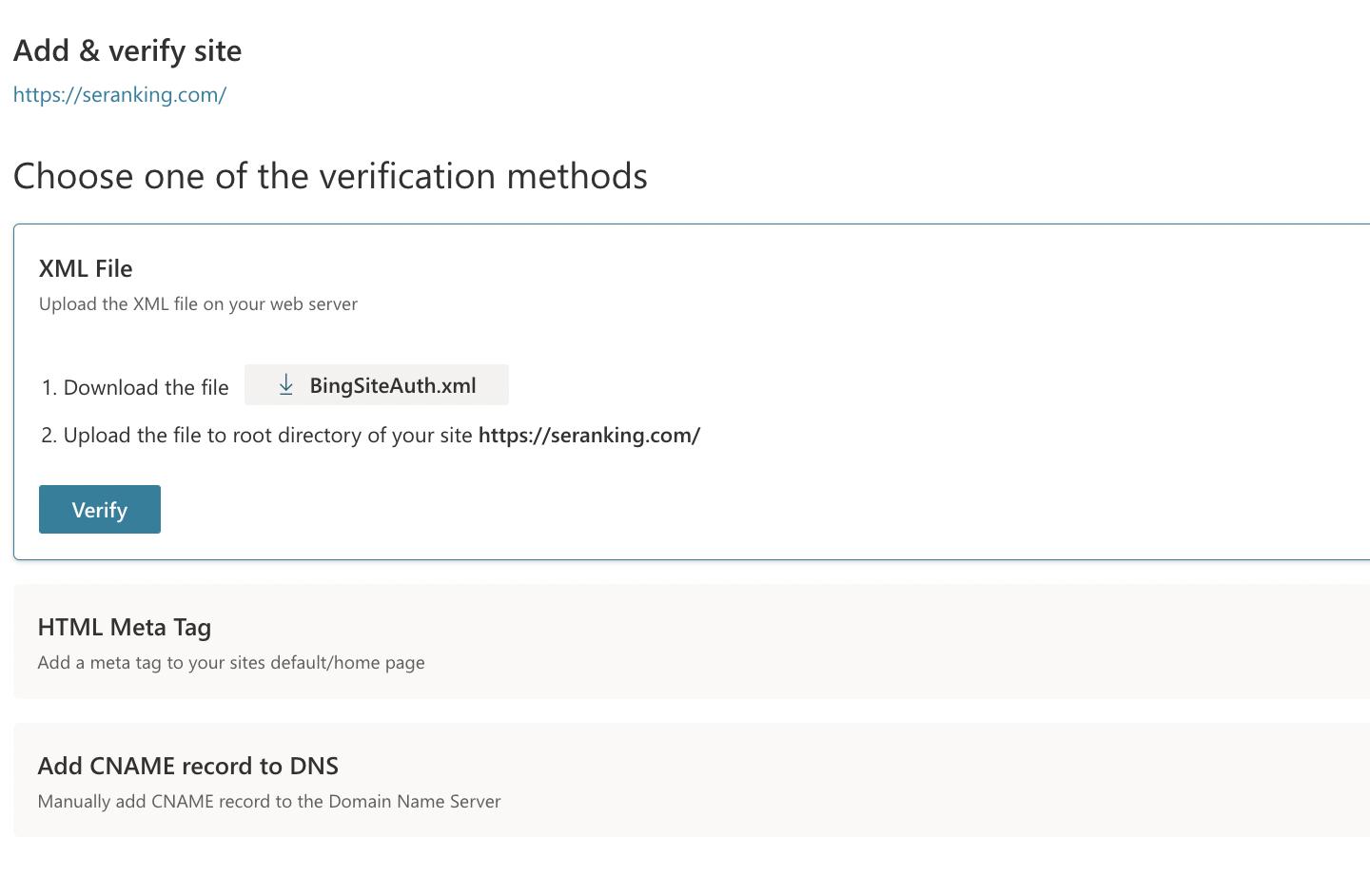 Die Verifizierung der Website anhand einer XML-Datei in Bing