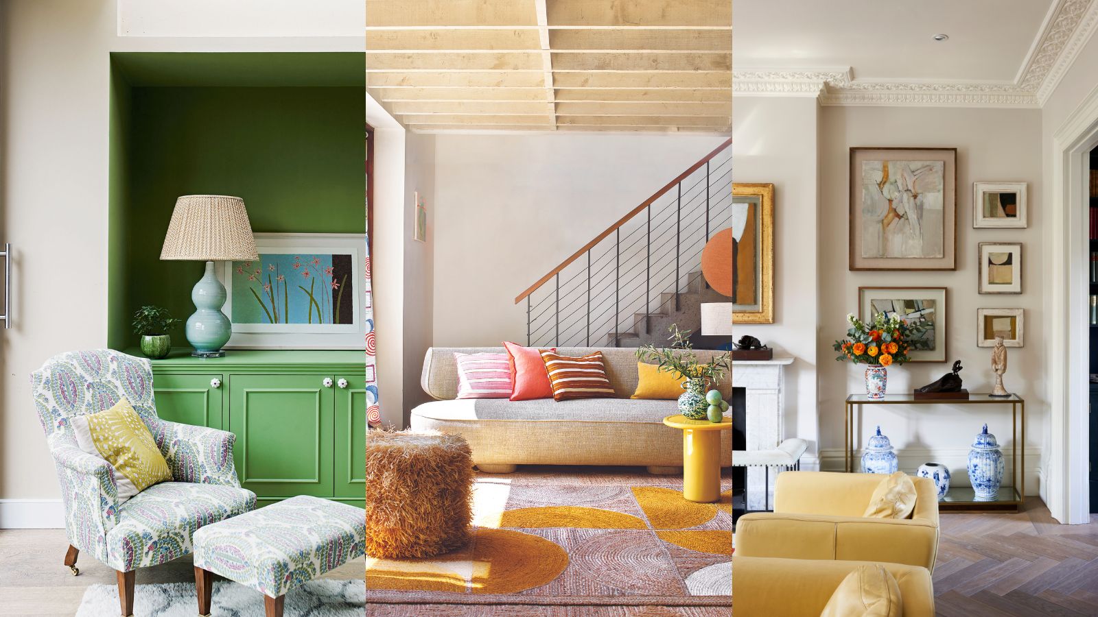 Collage of three living room designs, each showcasing unique color palettes: green with patterned furniture, neutral with pops of orange, and classic beige with traditional decor.