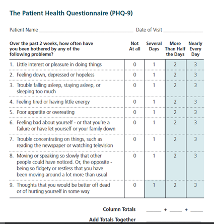 Image of The Patient Health Questionnaire (PHQ-9), which consists of 9 statements, each with response options Not at All, Several Days, More than Half the Days, and Nearly Every Day.