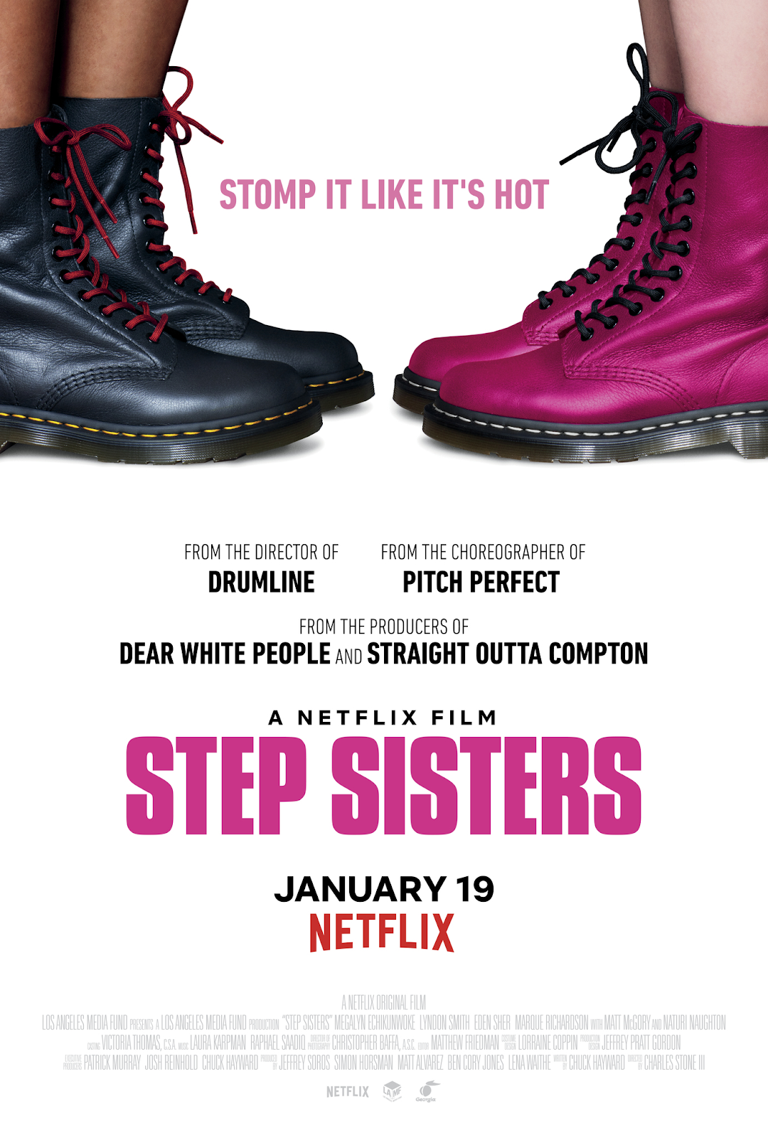 The Step Sisters movie poster of black boots with red laces on the left pointing towards pink boots with black laces on the right.