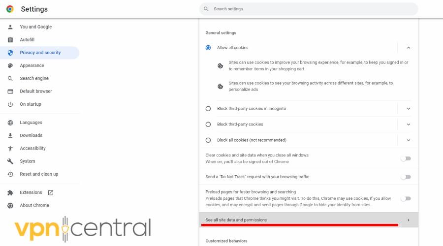 chrome privacy and security settings se all site data and permissions