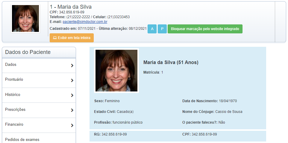 Informações da paciente Maria da Silva.