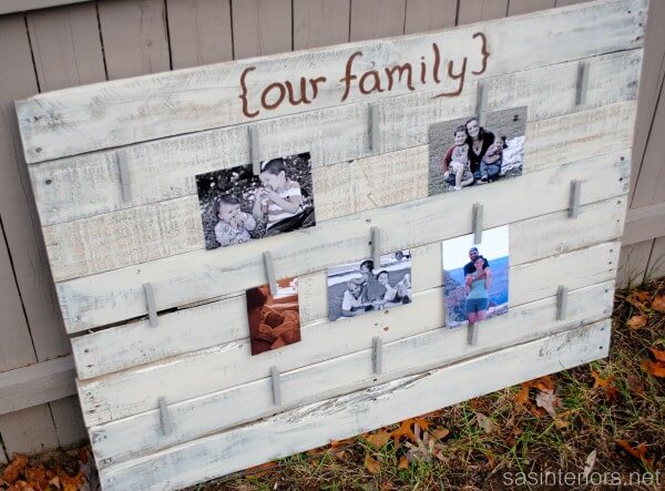 Large wooden picture holder using pegs to display photos