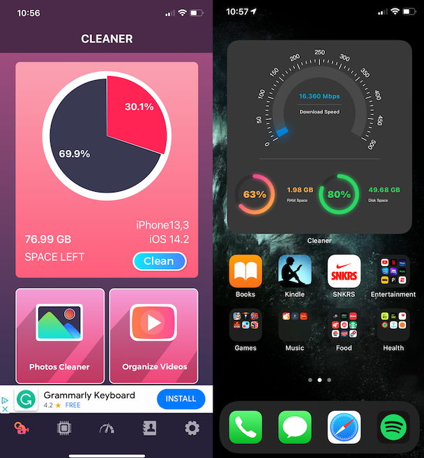 Screenshots of Cleaner, the best iPhone memory cleaner