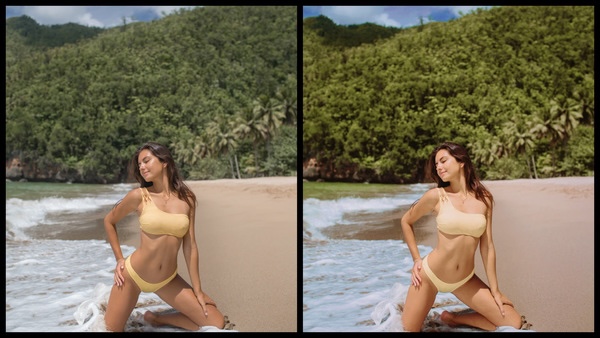 Montagem de duas fotos usando a mesma mulher posando na praia. Foto 1 sem edições e foto 2 usando o Filtro Clean