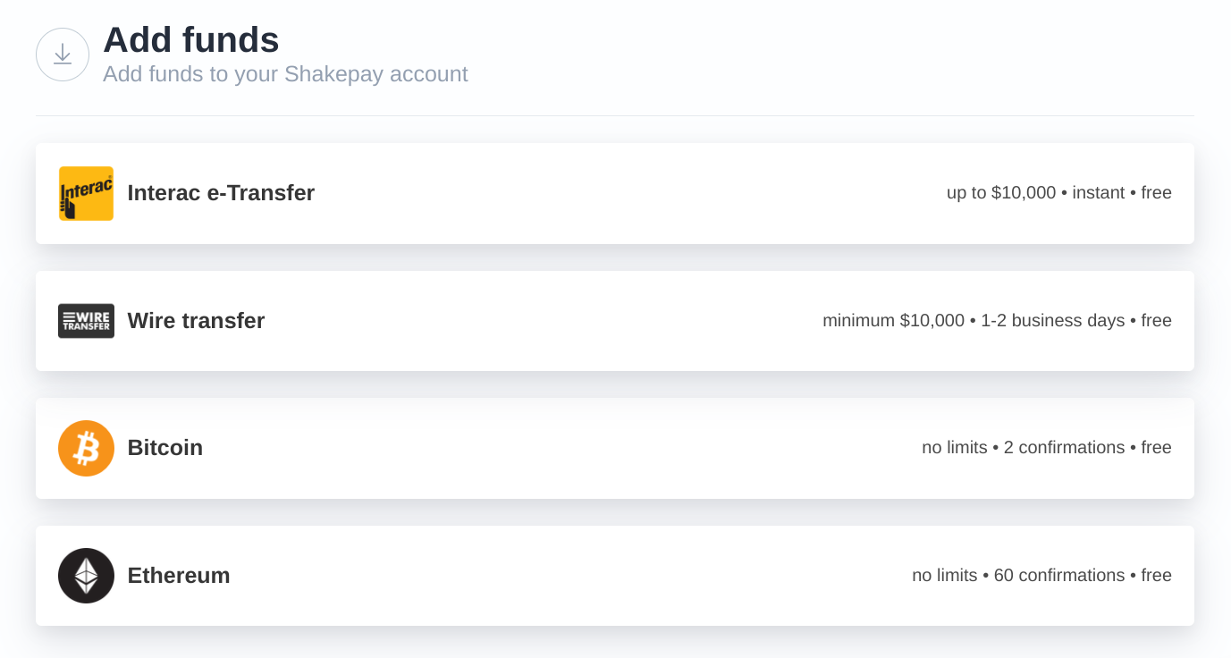Shakepay Add. Funds Screen