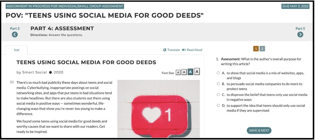 Assessment section "Teens Using Social Media for Good Deeds" Target Lesson.