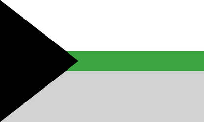 A white section on top and a gray section on bottom, divided by a green stripe. On the left is a black triangle or arrow pointing to the right.