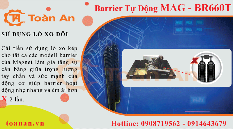 Barrier MAG BR660T sử dụng lò xo đối trọng kép giúp barie hoạt động nhẹ nhàng và êm ái