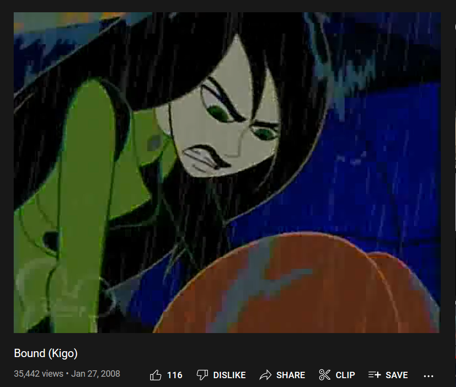 A screenshot from a 2008 YouTube video titled "Bound (Kigo)" in which Shego is angrily fighting Kim.