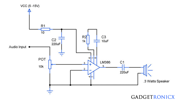 Audio-amplifier-circuit-ic-lm386-diagram-design